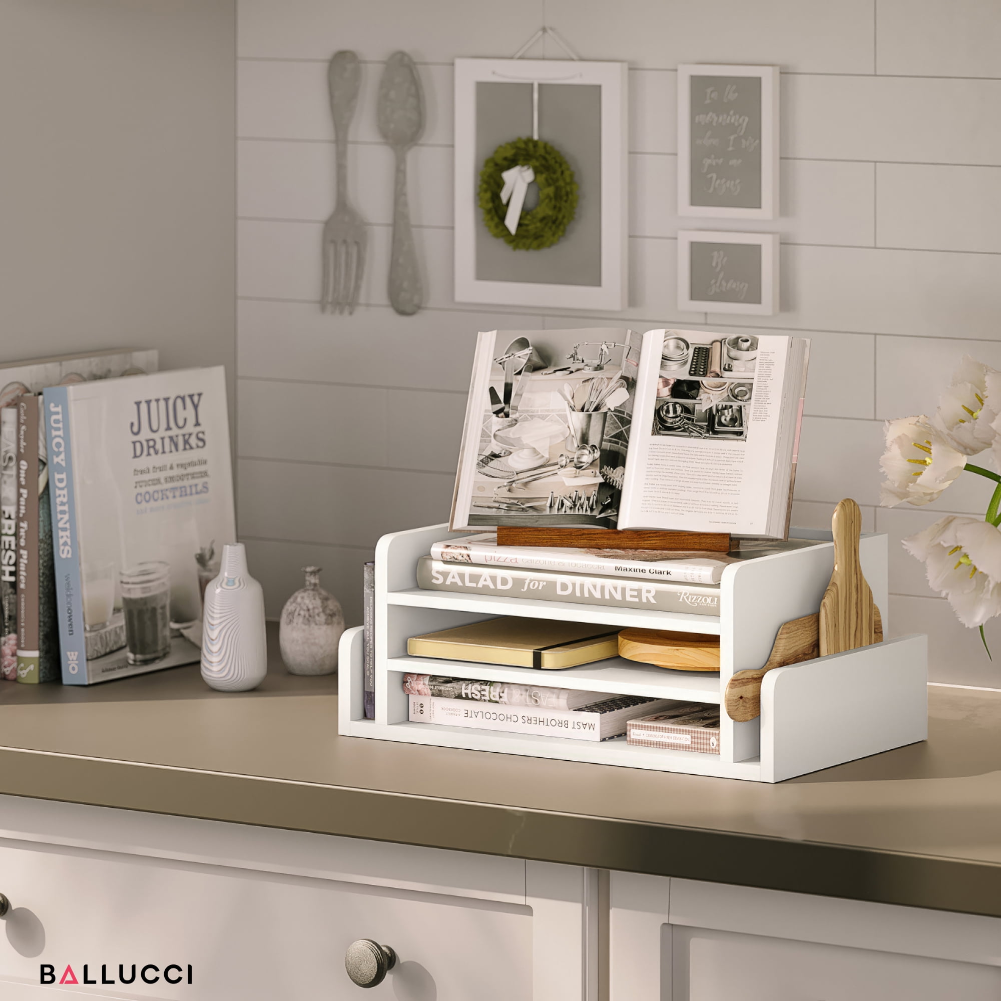 Ballucci 3-Tier Desk Organizer with 2 Side Mail Sorter Slots, Office Letter Tray, White