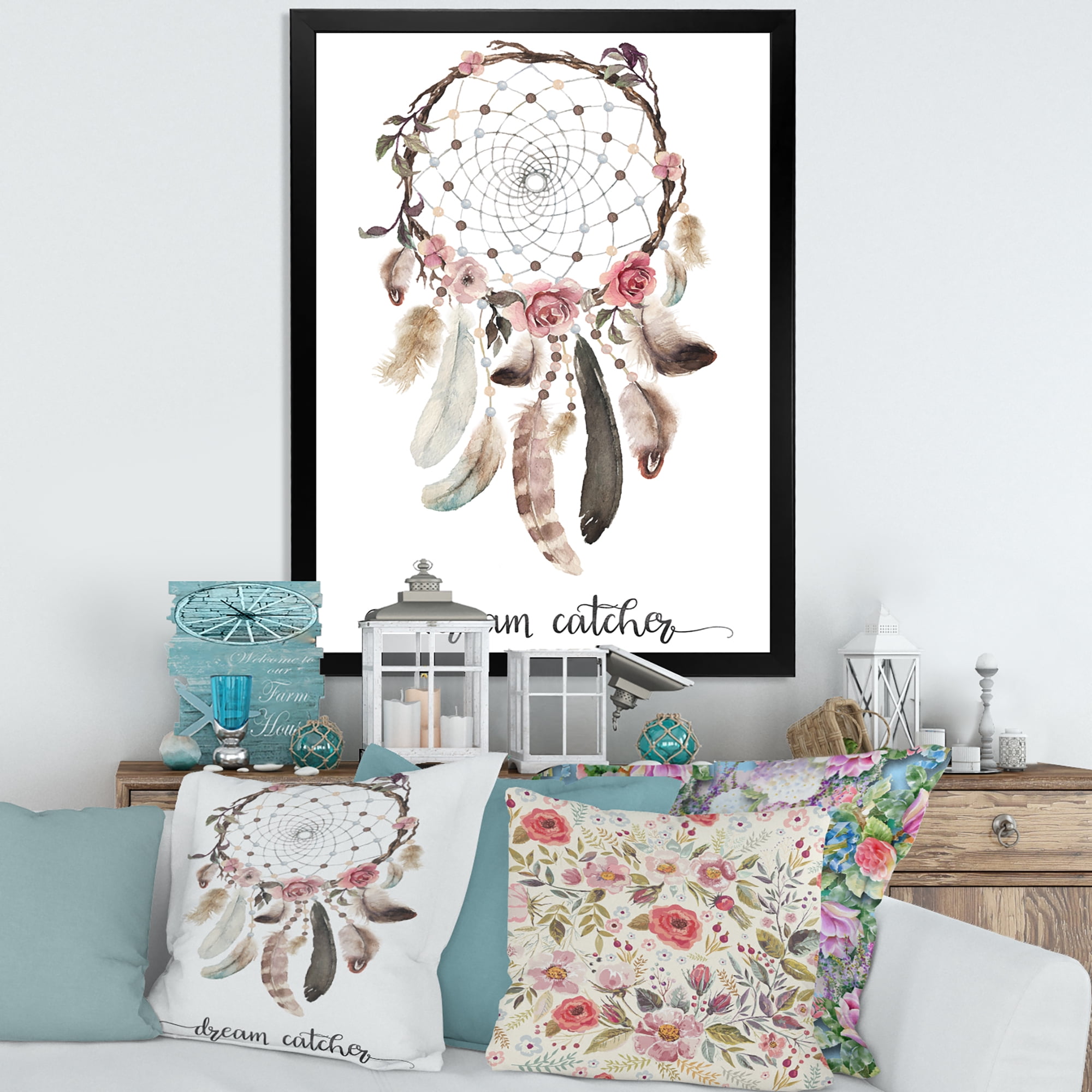 Designart 'Dream Catcher Made With Ethnic Feathers' Bohemian & Eclectic Framed Art Print