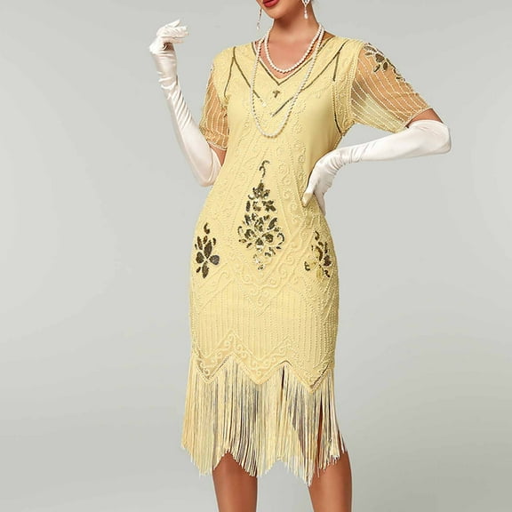 Ayolanni Women's Casual Dresses V-Neck Sequin Beige Fringe Evening Gown Short Sleeve Dresses Ladies Dresses L