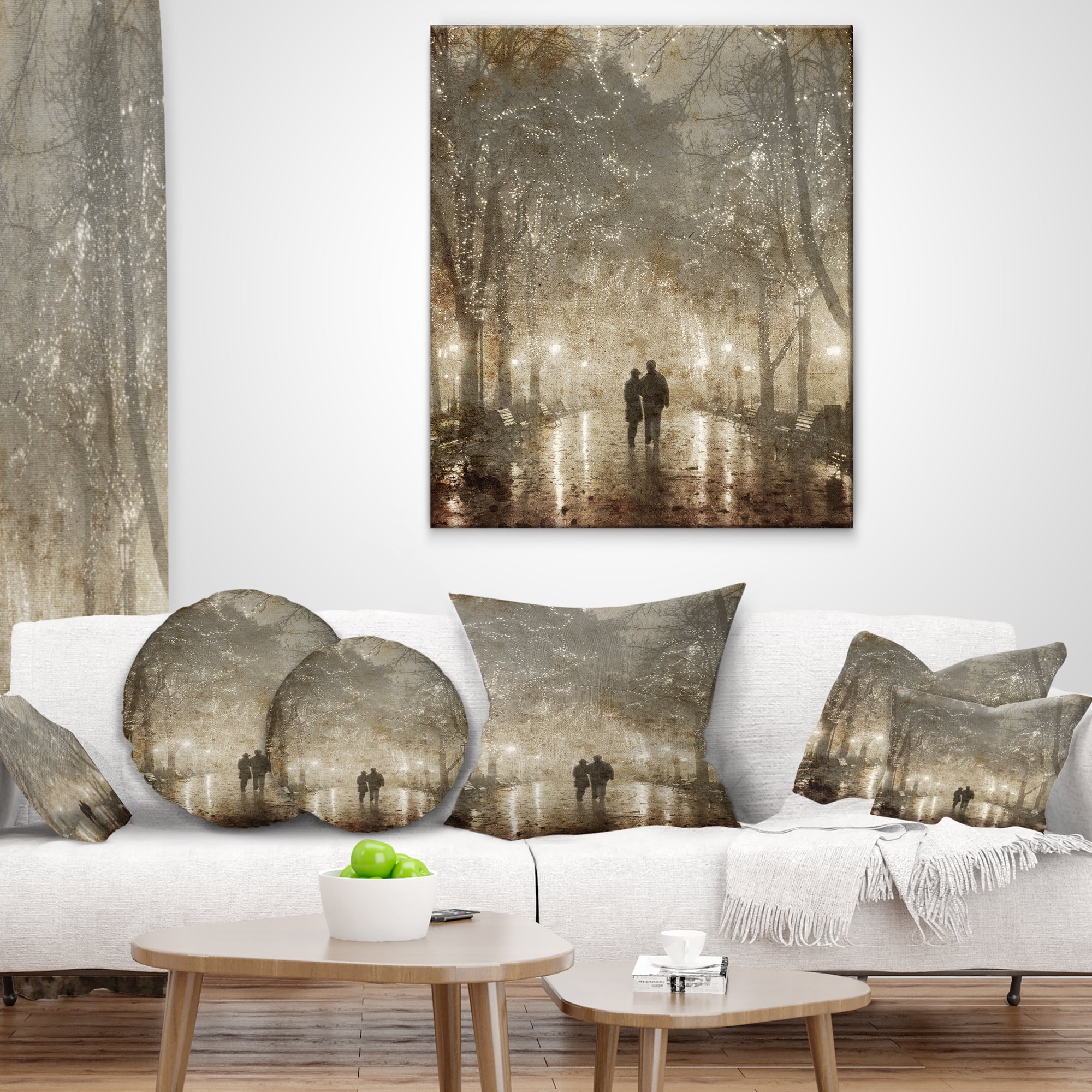 Designart Couple Walking in Night Lights - Landscape Photography Throw Pillow - 12x20