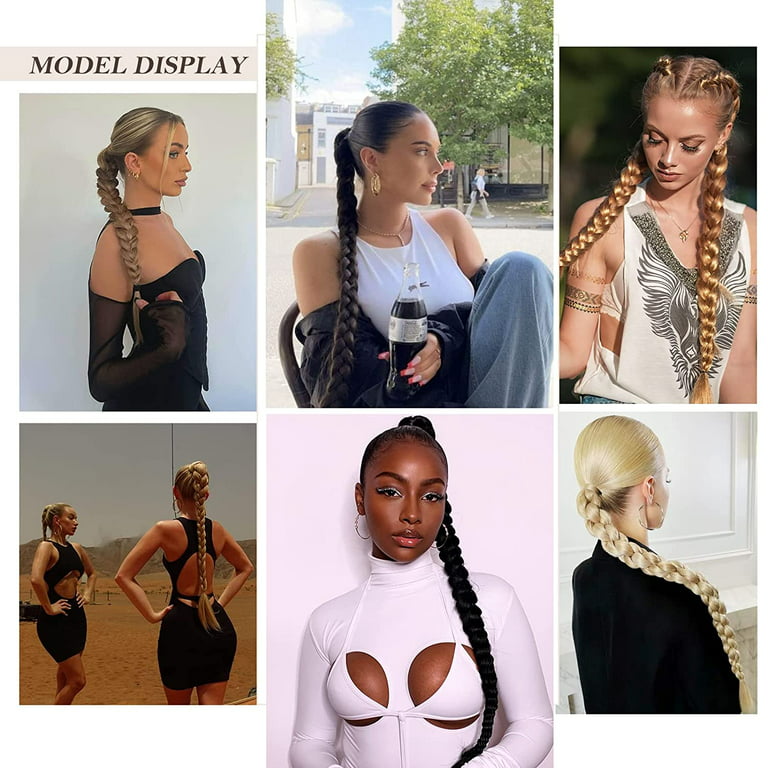24 Inch Long Braided Ponytail Extension with Hair Tie, Braided Ponytail  Hair Pieces for Black Women Synthetic Hair Pony Tail Natural Black Wrap  Around