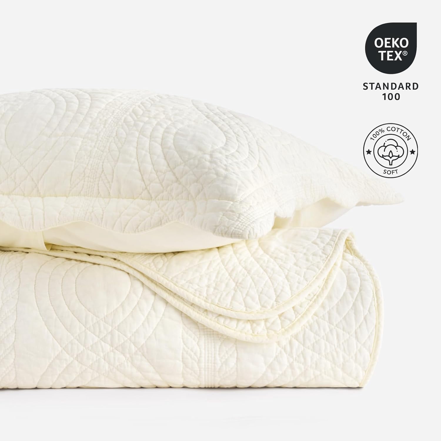 EVERGRACE 100% Cotton Scallop Quilt Set, King Size 3 Piece Set  Lightweight Bedspread with 2 Shams, Soft Prewashed Matelasse Coverlet for Cozy and Elegant Bedding, Ivory Cream