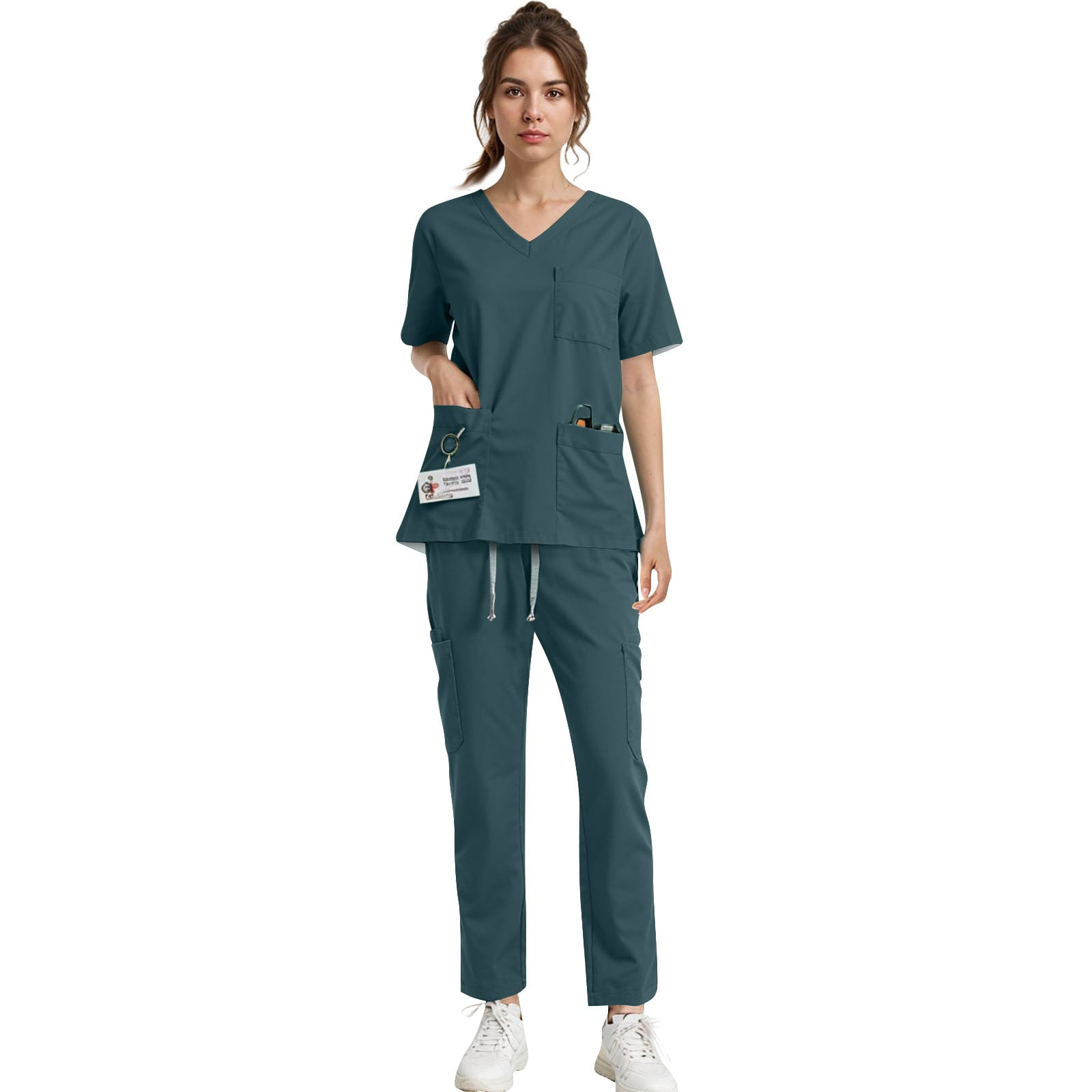 2 Piece Sets For Women, Women's Quick-Dry 2-Piece V-Neck Scrub Uniform Set - Short Sleeve Work Tee & Pants with Pockets, Solid Color, Comfort Fit, Four Seasons Ad Green