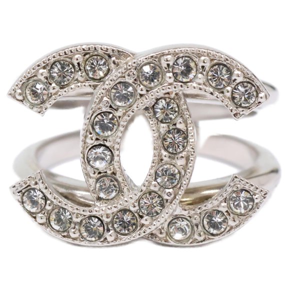 Pre-Owned CHANEL C22C Rhinestone Coco Mark Ring, Silver, Women's