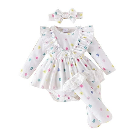 

Baby Girls Romper Outfits Ruffle Long Sleeve Floral Lace Mesh Tutu Jumpsuit with Lace Socks Kids Bodysuit 2PCS Dress Baby Romper Jumpsuit Girl Fertility Bonnet Romper Outfits Take Home Outfit for Baby