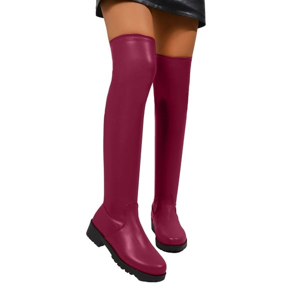 Over the Knee High Boots for Women Stretch Faux Patent Leather Lug Sole Chunky Heel Round Toe Thigh High Booties