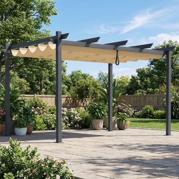 Biotree 10 x 13 Feet Outdoor Aluminum Retractable Pergola Canopy Shelter Beige - Sun Shade Patio Cover with Adjustable Sliding Roof