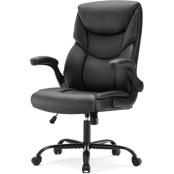 Ergonomic Computer Gaming Office Chair, Heavy Duty Task Desk Swivel Rolling Chairs with Wheels, Flip-up Arms, Adjustable Height, PU Leather, Black