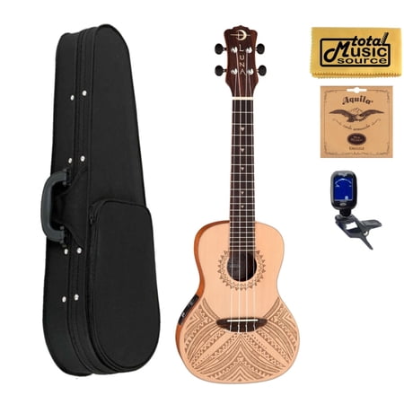 Luna UKE TAPA SPR Concert Solid Spruce A/E Ukulele, W/ Soft Case Bundle