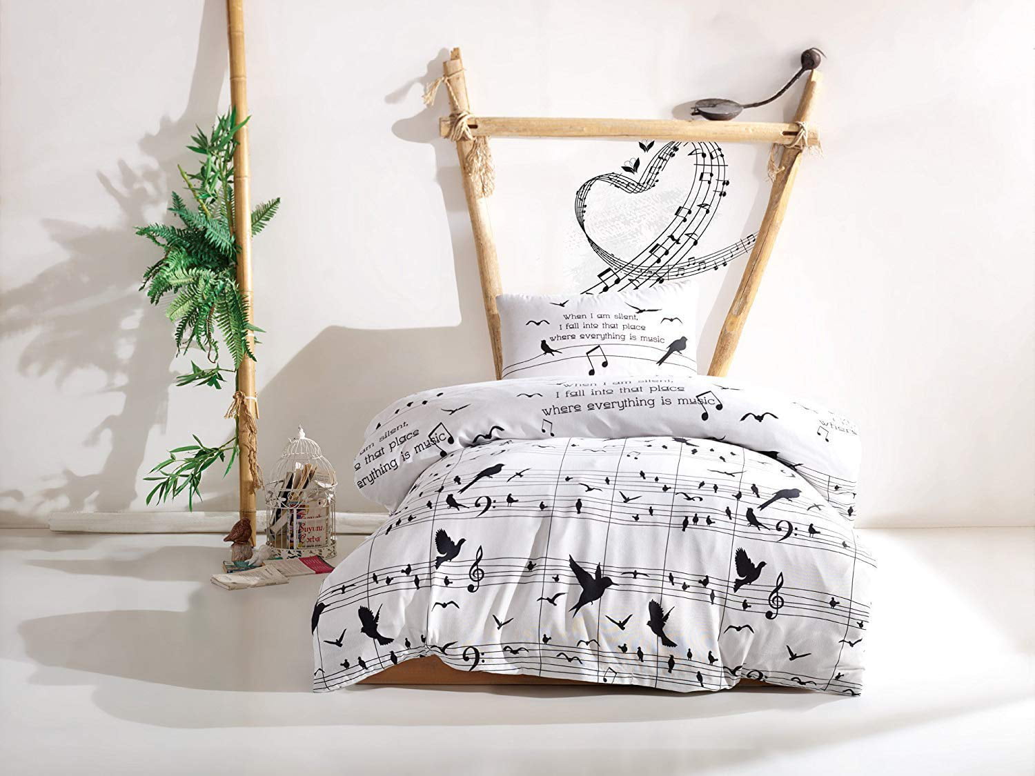 Duvet Cover 65% Cotton 35% Polyester LaModaHome Musical Duvet Cover Set Black and White Flat Sheet and Pillowcase for Single Bed Music Decor 162ELR1178 Music Notes are Dancing Set of 3