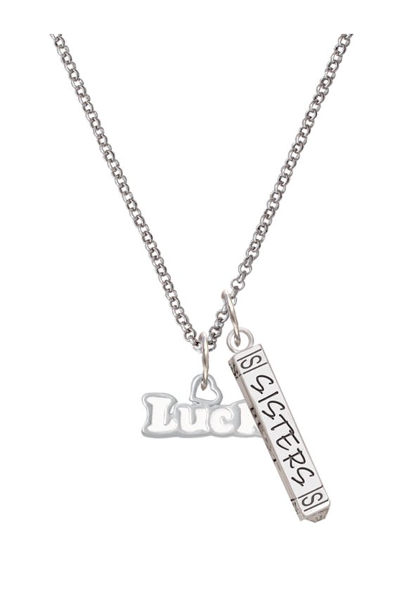 White ''Luck'' with Heart Silvertone Sisters Best Friends Forever Bar Charm Necklace, 23"
