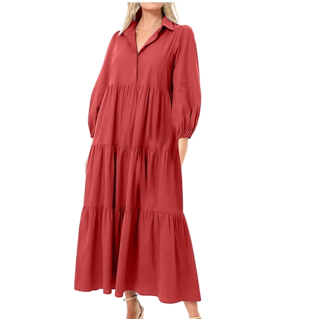 cfhntfmh Robes Fluides pour Femmes Mode Col à Boutons Manches Longues Longue Robe Maxi Automne Ample à Étages Plissée Robe de Plage