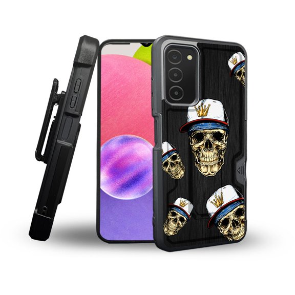 ANJ  Rugged Shockproof Holster Case Card Slot Kickstand   Tempered Glass Cover for Samsung Galaxy A03s - Trendy Skulls