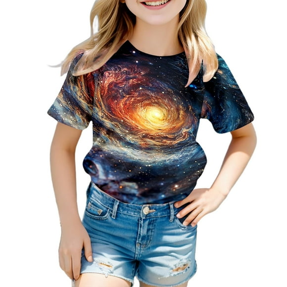 Big Girls Tshirts Galaxy Short Sleeve Crew Neck Fancy Top Teenager 3D Print Glitter Tops Carnival Clothes for Kids Size 12-13T