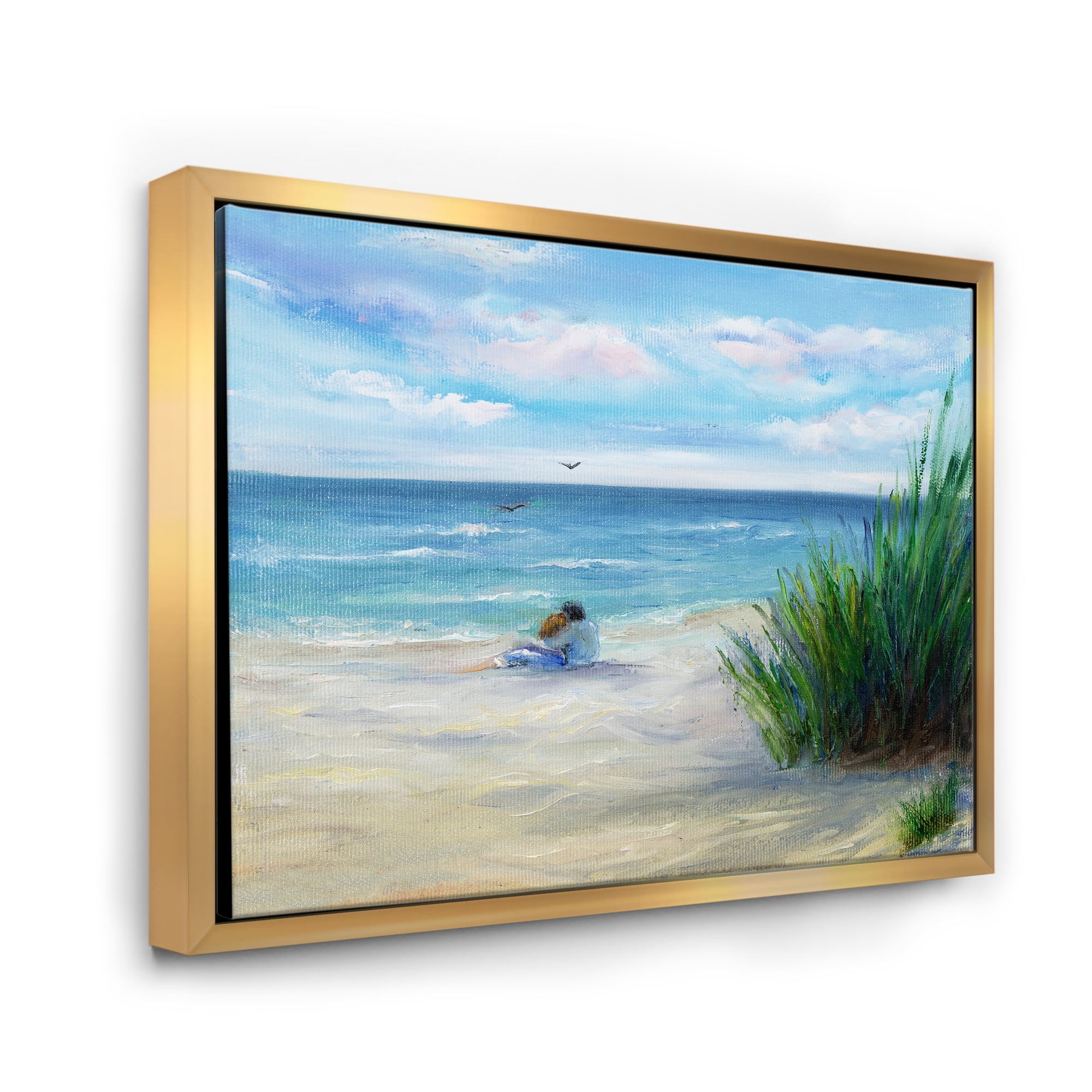Designart 'Couple Sitting In Love By The Beach' Nautical & Coastal Framed Canvas Wall Art Print