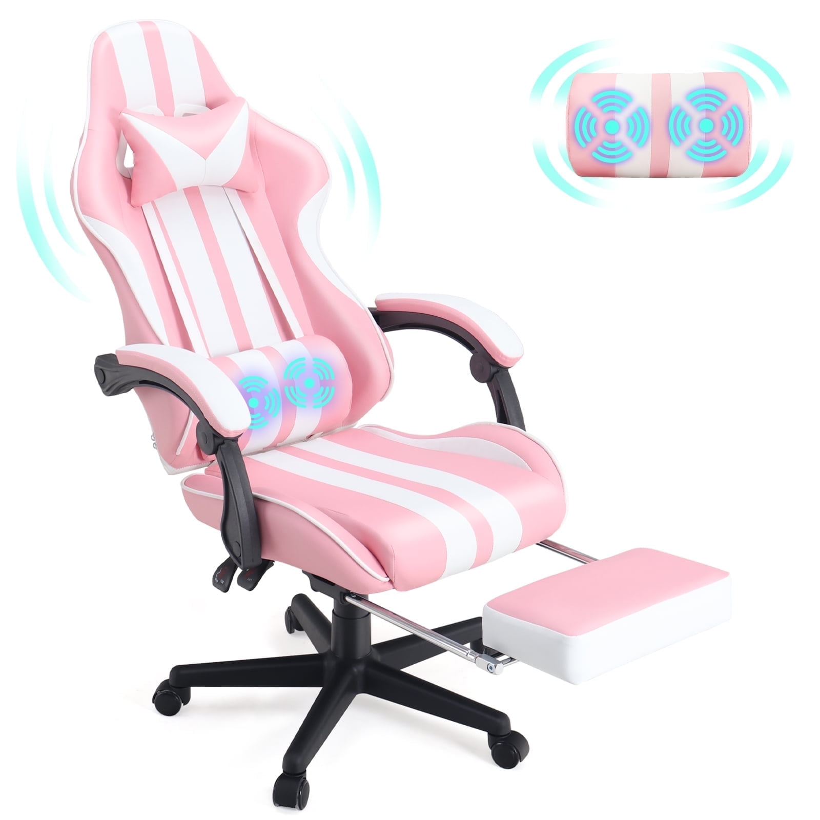 Luxvie Pink Gaming Chair with Footrest High Back Ergonomic Office Gamer Chair with Massage and Headrest Lumbar Support Swivel Seat Computer Game Chair for Adults