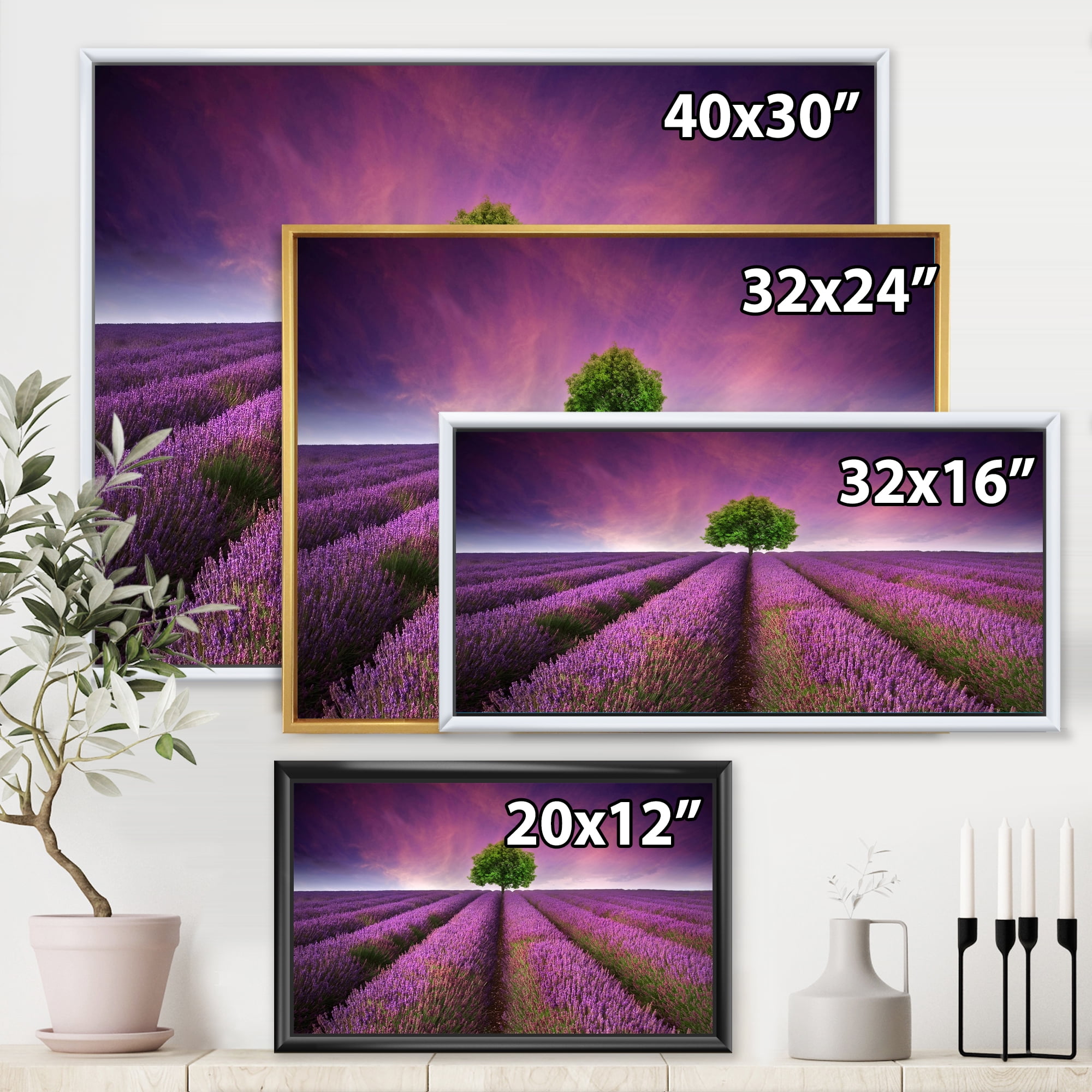 Designart 'Tree With Stunning Lavender Field Summer Sunset' Farmhouse Framed Canvas Wall Art Print