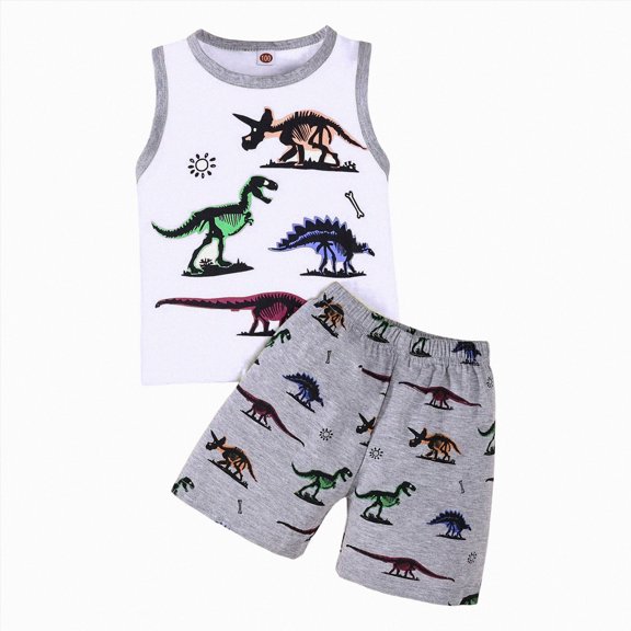 newwalpole Toddler Baby Boy Clothes Boys Summer Outfits Sleeveless Striped Dinosaur T-Shirt & Shorts Set 2Pcs (White,2-3 Years)