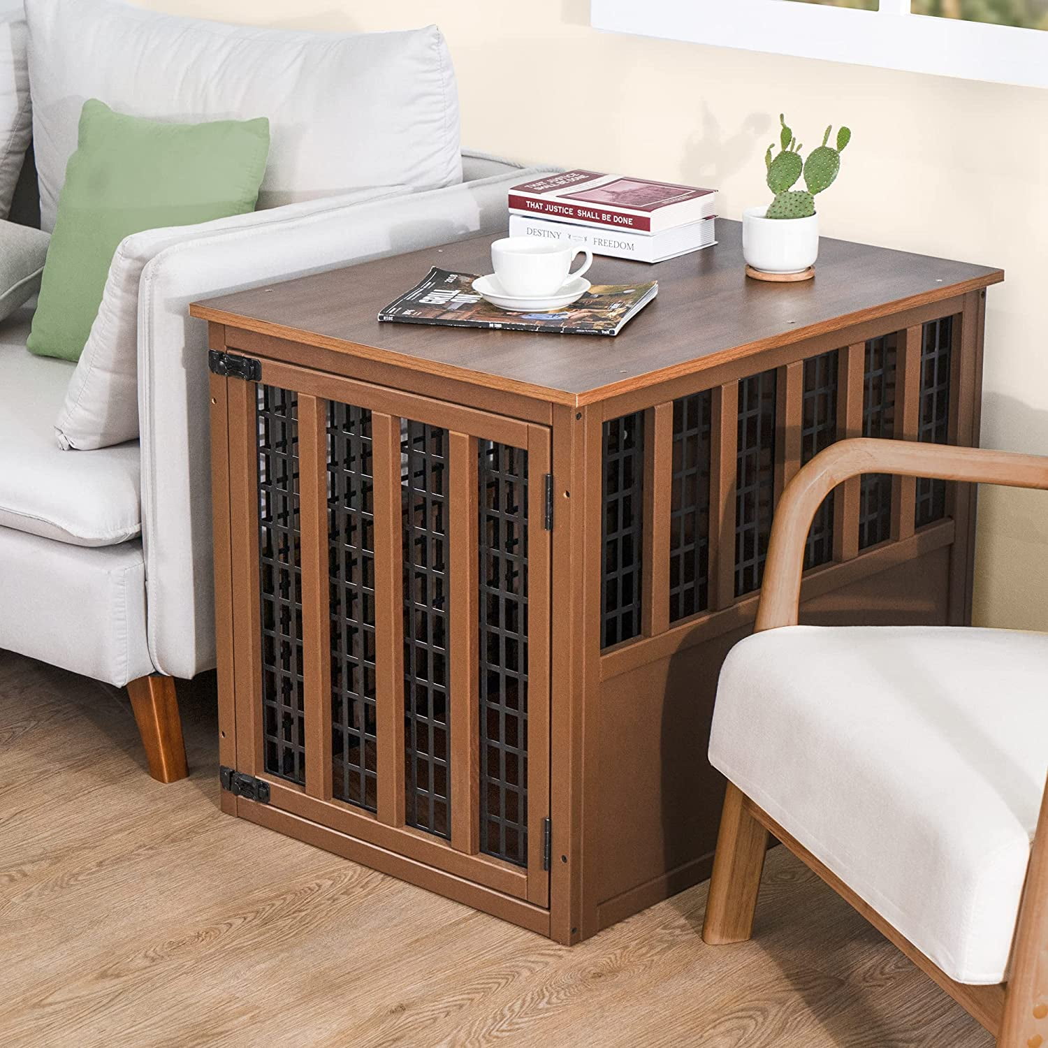 WISHIVE Dog Crate Furniture, Wooden Dog Crate with Door, Indoor Dog