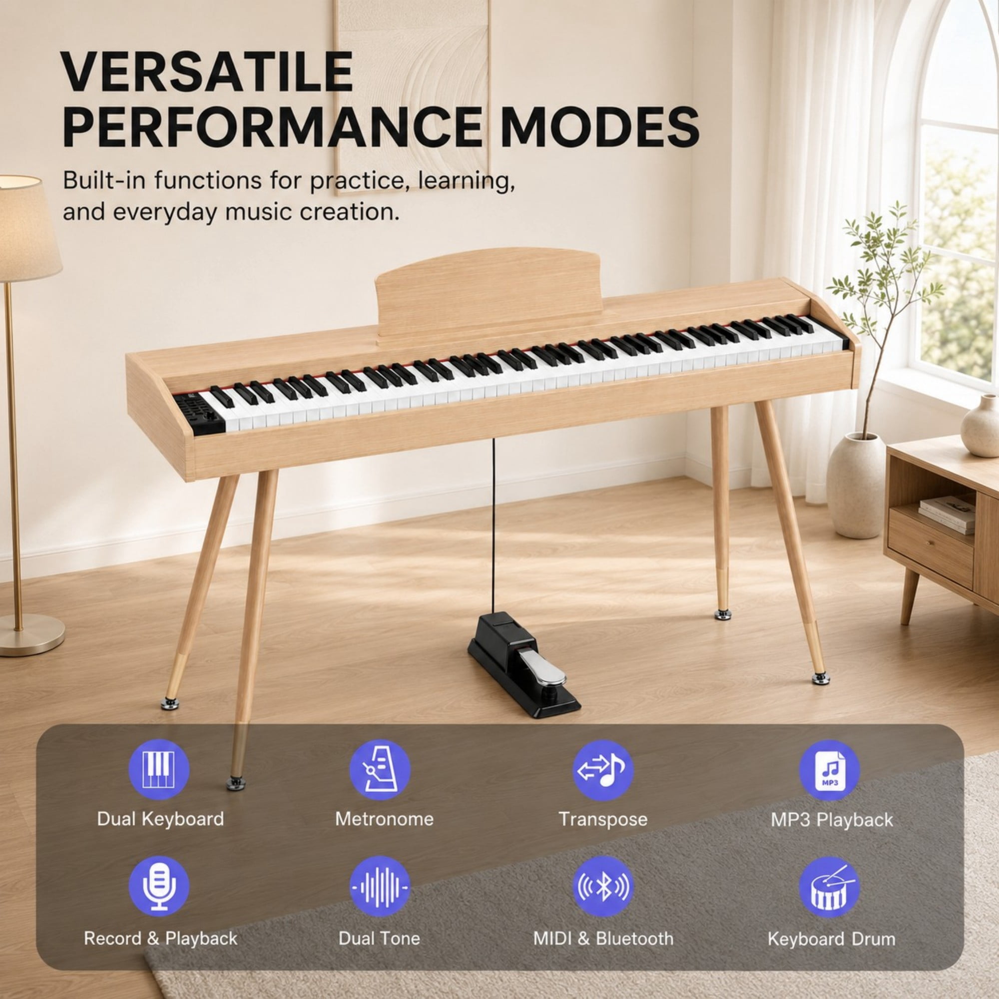 DEALTOPS 88 Key Digital Piano Keyboard with Wooden Stand, Semi-Weighted Electric Piano Set, Oak Wood Grain