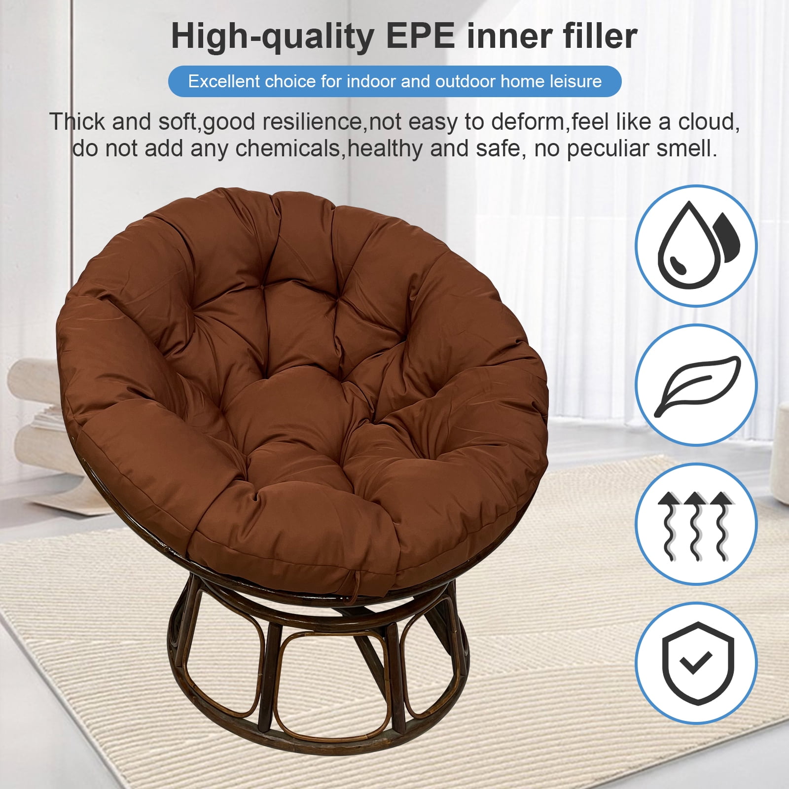 JOVELL 51 Inch Papasan Cushion Replacement, 5" Thick Waterproof Round Chair Pad, Fade & UV Resistant Indoor Outdoor Patio Seat Cushion, Brown