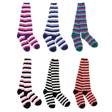

Women s Soft Plush Cozy Warm Plush Microfiber Fuzzy Knee High Multi-Color Stripe Socks - Assortment 97 - 6 Pair Value Pack