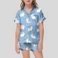 thumbnail image 2 of Girls Easter Pajamas Set Soft Cute Bunny Printing Sleepwear Short Sleeve Button Down Shirts and Shorts 2 Piece Pj Sets Blue 8-9 Years, 2 of 4