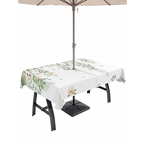 Outdoor Tablecloth with Umbrella Hole and Zipper, Green Eucalyptus Leaves Rectangle Table Cloth 60x120 Inch Waterproof Tablecloth, Spring Floral Weeping Farmhouse Picnic Table Cover for Patio Camping