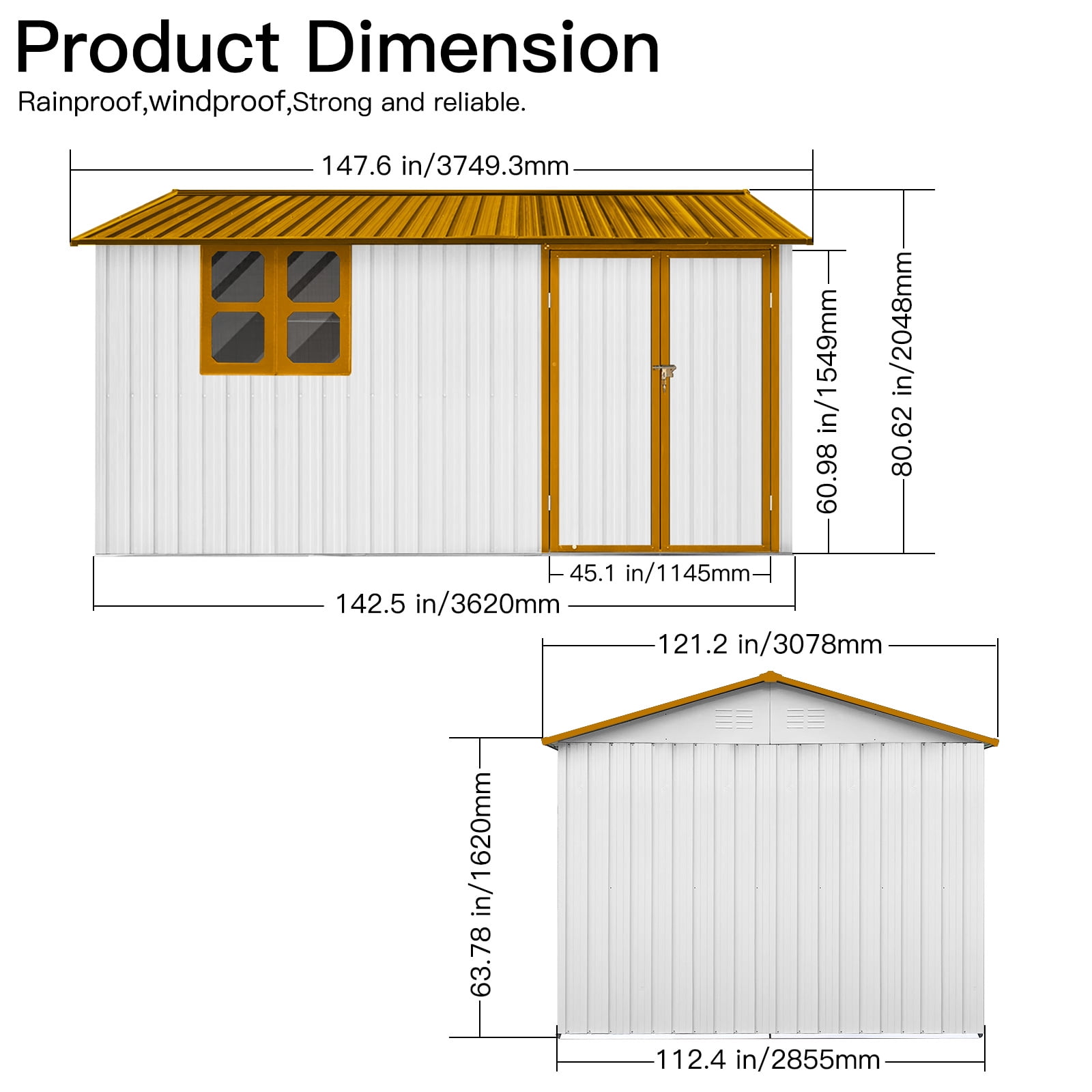 Aukfa 12FT x 10FT Outdoor Storage Shed, Metal Shed Storage with Window, Roof Slope Tool Shed with Door and Padlock for Backyards, Patio Lawns and Outdoor, Yellow