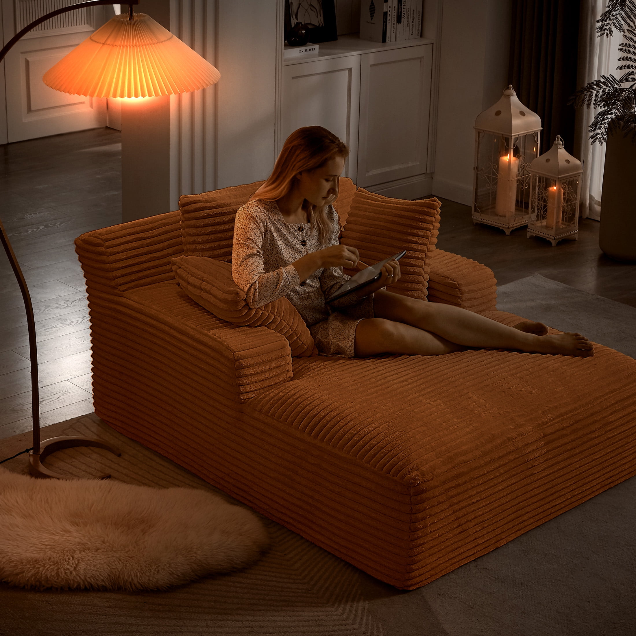 Aukfa 66" Oversized Chaise Lounge Chair, Corduroy Sleeper Sofa with 3 Pillow for Living Room,Orange