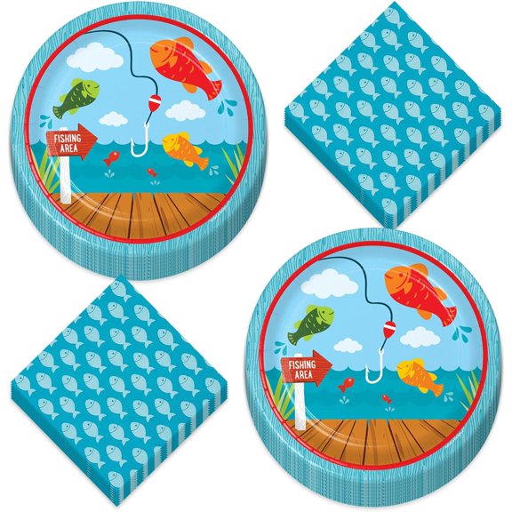 HOME & HOOPLA Fishing Party Plates & Napkins – Camping & Fisherman Themed Disposable Tableware for Birthday or Outdoor Party (16 Ct Plates and Napkins)