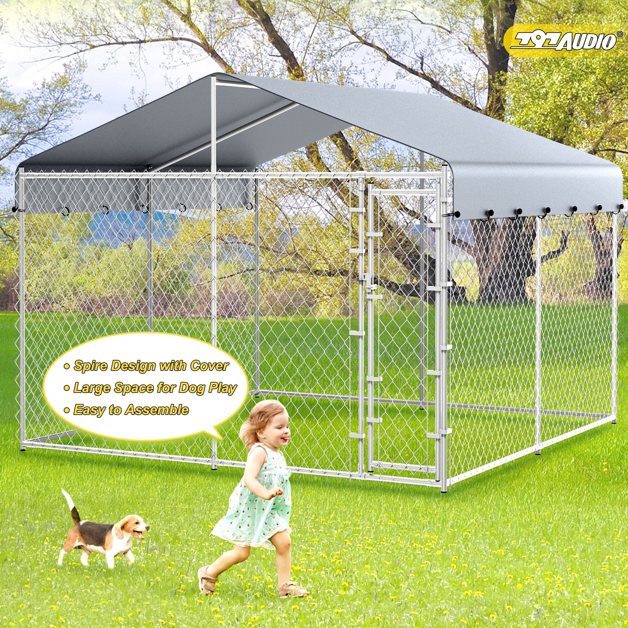 10'x10'x6.56' Large Outdoor Dog Kennel with Roof, Heavy Duty Outside Dog Run Enclosure Dog Pen House Pet Playpen with Galvanized Chain Link, Lockable Door