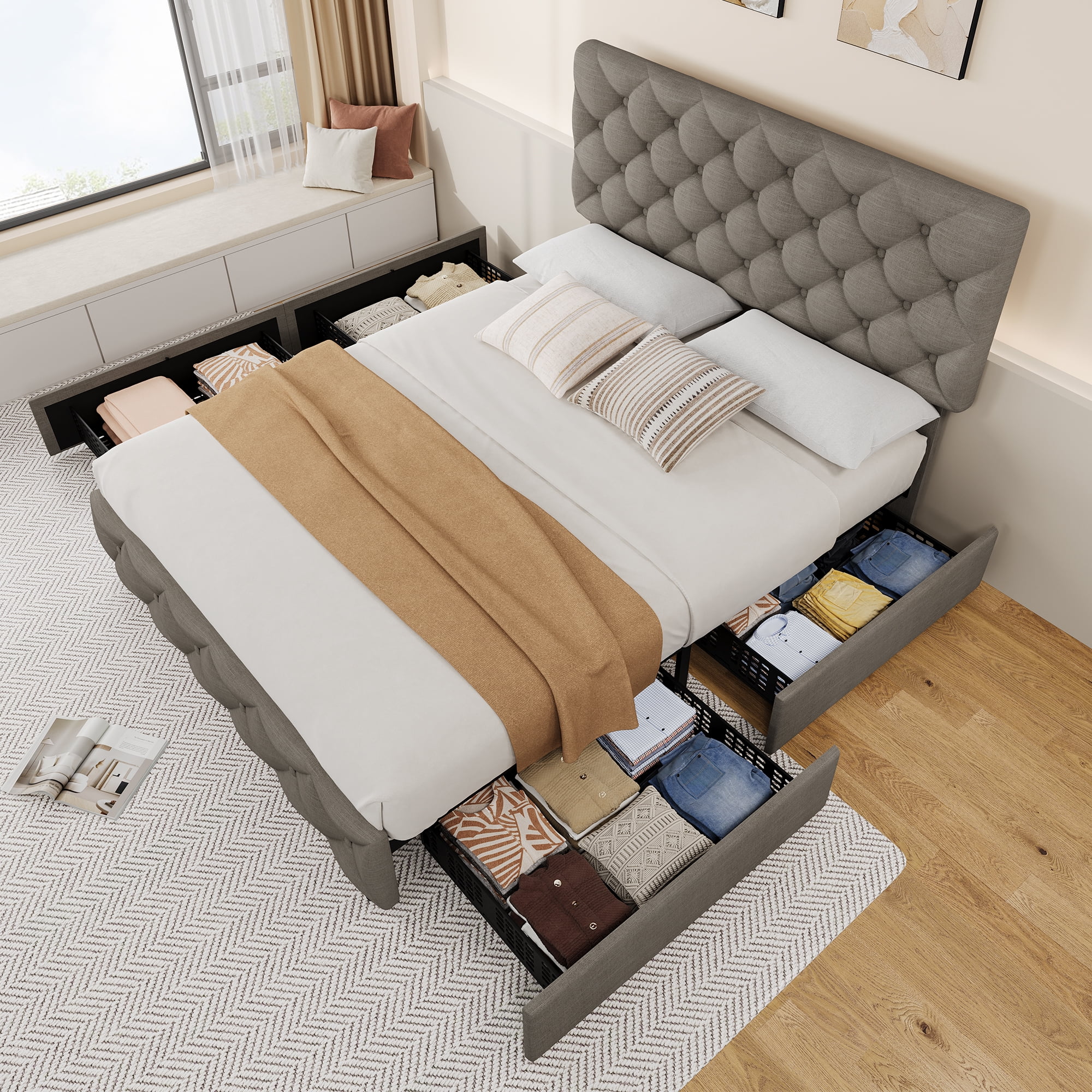 Queen Size Bed Frame with 4 Storage Drawers, Linen Upholstered Platform Bed Frame with Adjustable Headboard, Diamond Stitched Button Tufted, No Box Spring Needed, Light Grey
