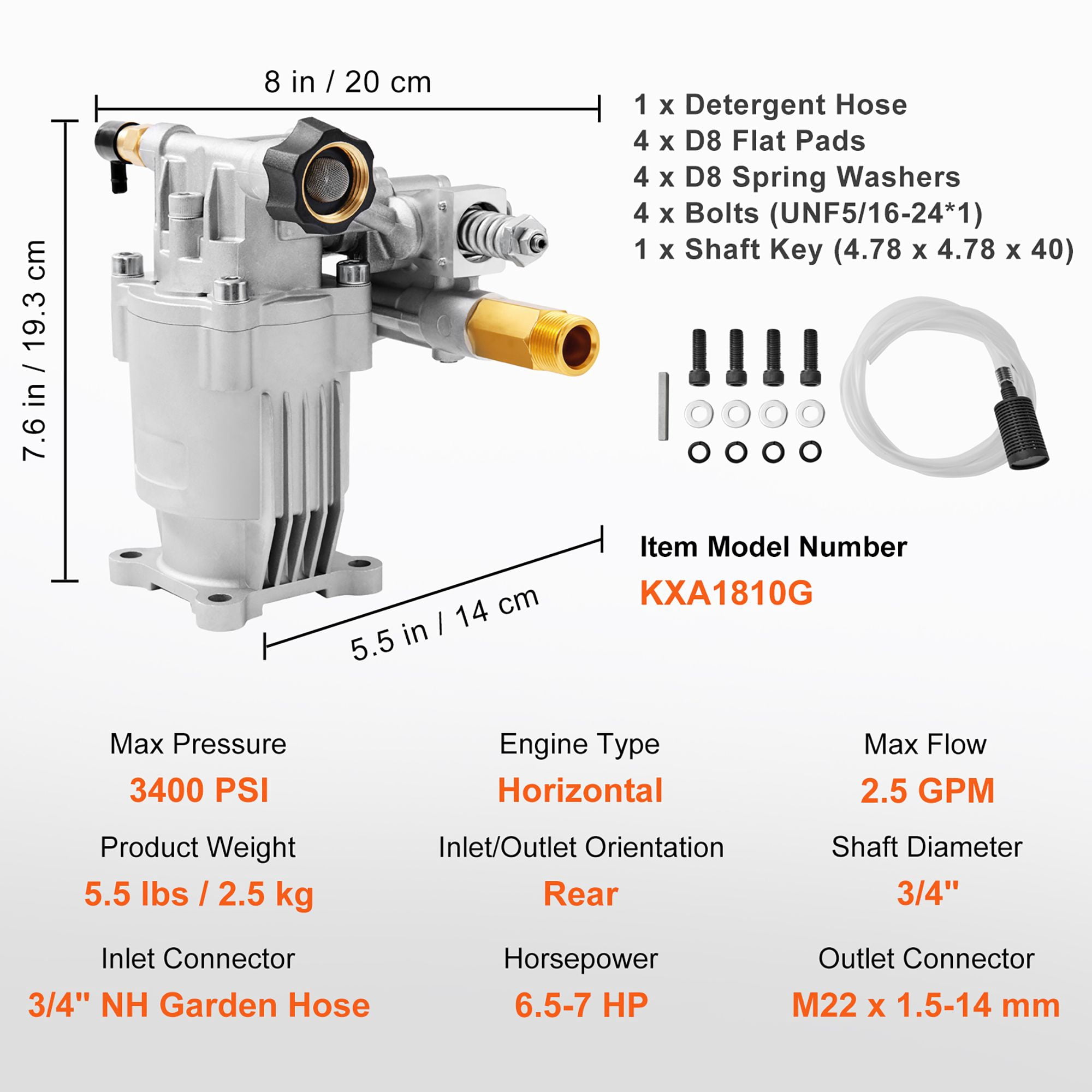Pressure Washer Pump 2500-3400 PSI, 2.5 GPM, SAE Bolt Pattern, Maintenance-Free, Horizontal Replacement Pump for Gas Pressure Washer