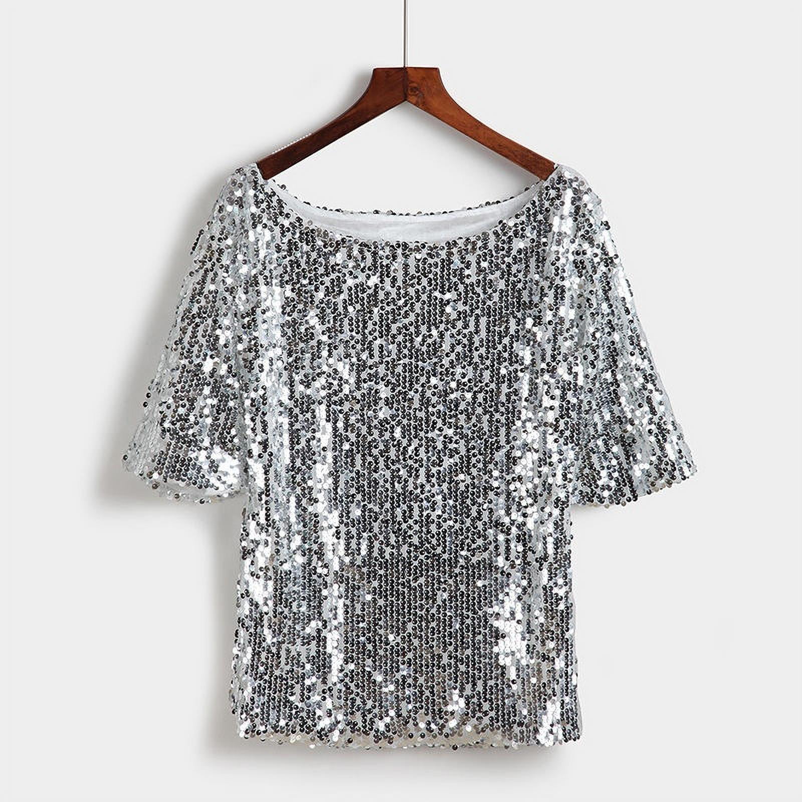 Womens 3/4 Sleeve Sparkling Glitter Shiny Sequins Party Top Ladies Shirt Dress 