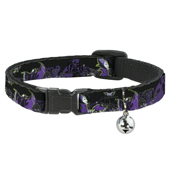 Disney Breakaway Cat Collar With Bell, Plastic Clip, Easy Adjustable, Maleficent Diablo Black Roses Purples, 8.5 to 12 Inches 0.5 Inch Wide