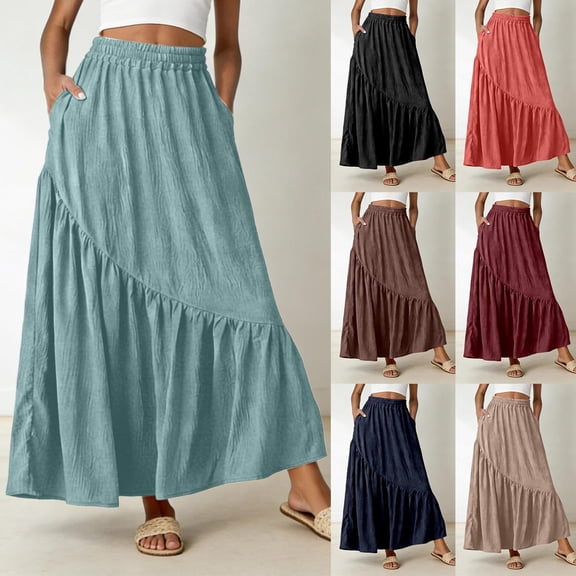CAIXIA Maxi Skirts for Women with Slit Ruffle Hem Striped Soft Women's Flowy Handkerchief Hemline Midi Skirt