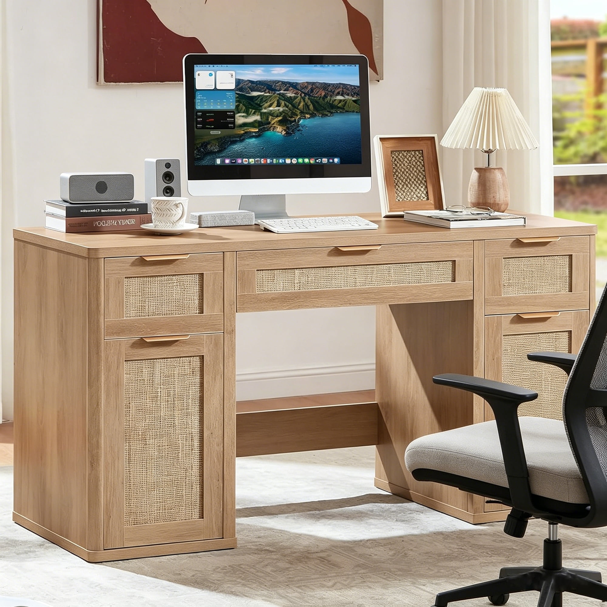 LEYAOYAO Office Desk 56" with 5 Drawers Storage File Cabinet Rattan Wood Desk for Computer Office Bedroom Home Furniture Natural Oak