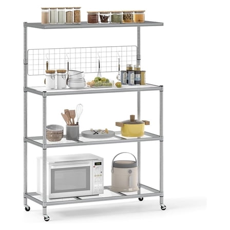 Kitchen Bakers Rack on Wheels, 4-Tier Microwave Stand with Adjustable Shelves, Hanging and 4 S-, Heavy-Duty Metal Coffee Bar Table for Kitchen, Dining Room