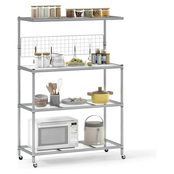 Kitchen Bakers Rack on Wheels, 4-Tier Microwave Stand with Adjustable Shelves, Hanging and 4 S-, Heavy-Duty Metal Coffee Bar Table for Kitchen, Dining Room
