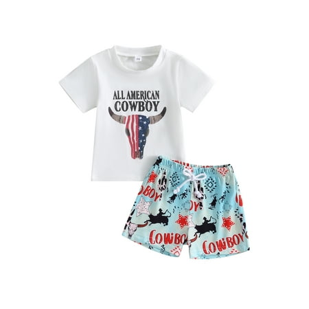 

jaweiwi Kid Toddler Boy 4th of July Pants Outfits 0 6M 12M 18M 24M 2T 3T Short Sleeve Round Neck Bull Print Tops T shirt + Drawstring Short Pants Clothes Set for Independence Day