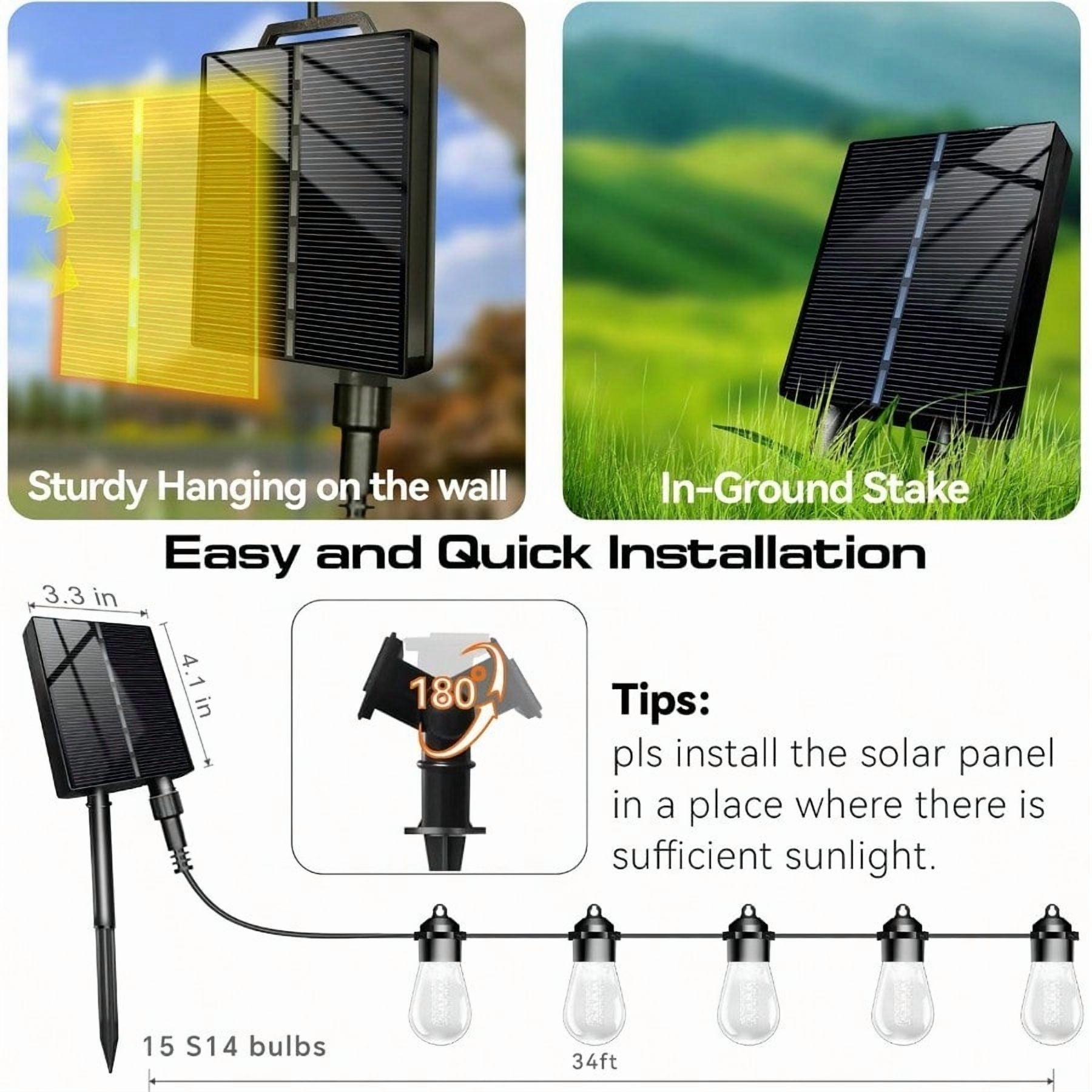 Solar Lights Outdoor Waterproof IP67with 15 LED Shatterproof Edison Bulbs,2500mAh Battery Solar/USB Powered,Indoor/Outside LED String Lights 34FT,Warm White 3000K LED Light Decor Patio Garden Camping