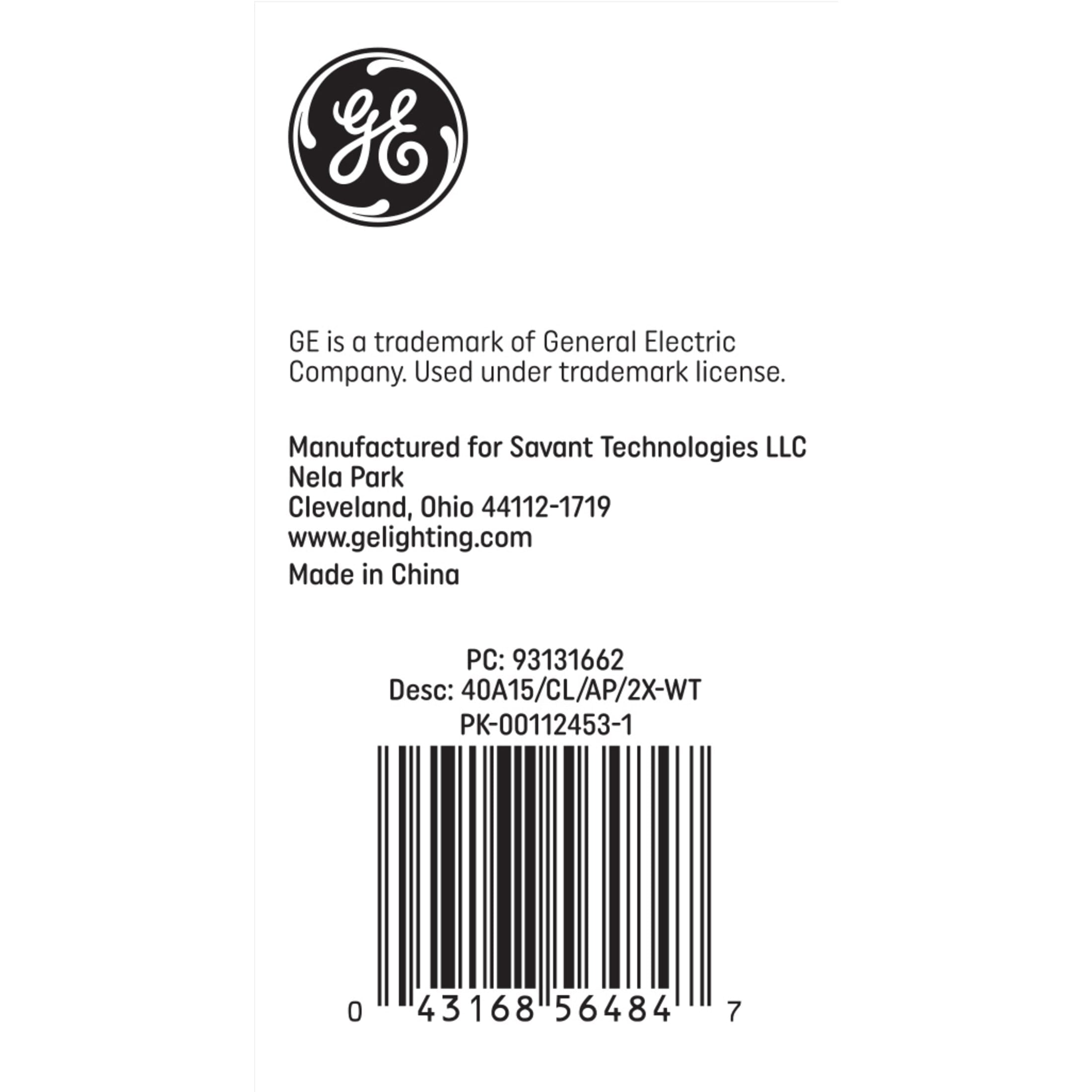 (4 pack) GE Incandescent Light Bulb, 40 Watt, Soft White, A15 Appliance Bulb, Medium Base, Clear Finish