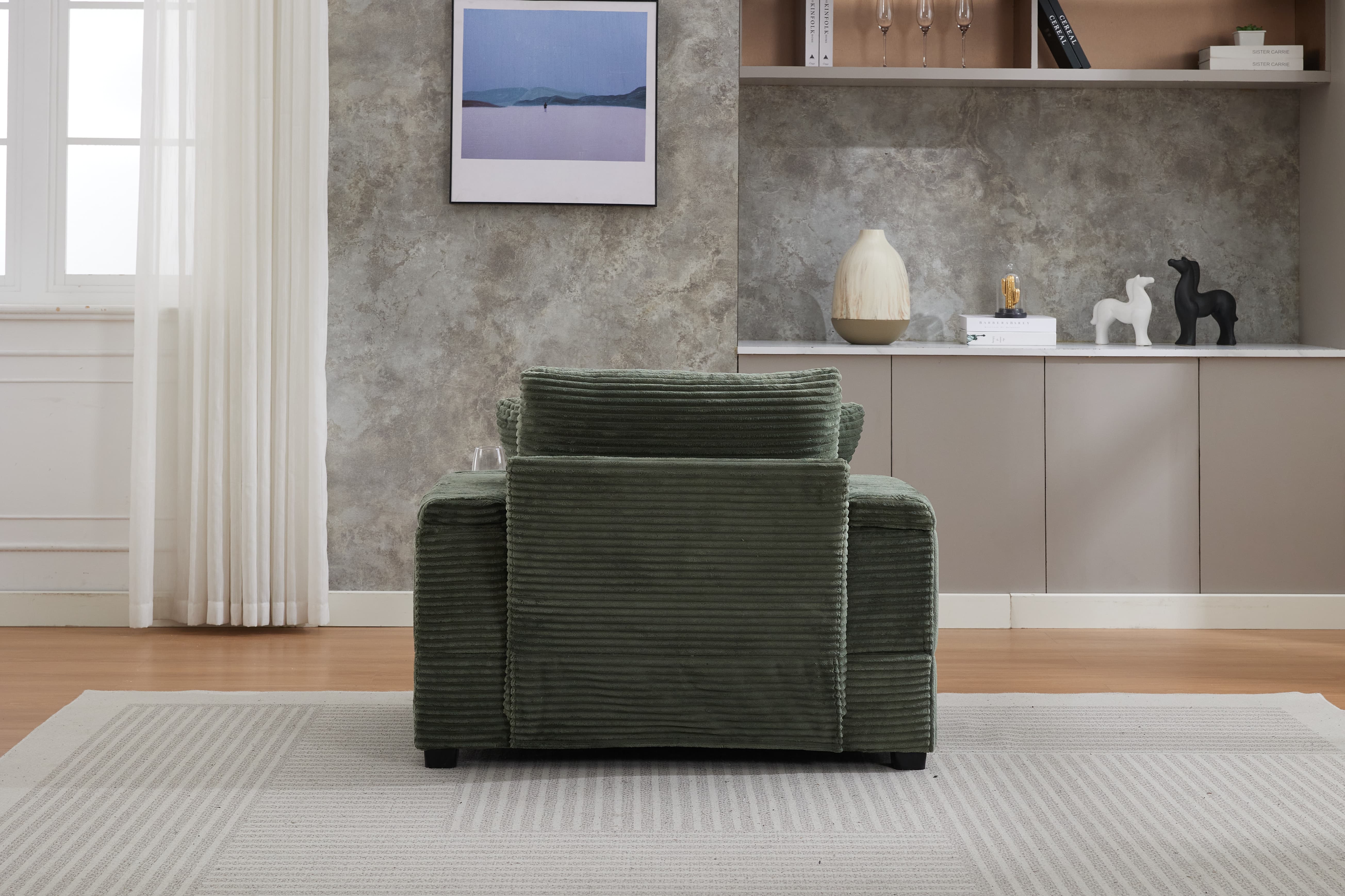 Chaise Lounge Chair Indoor Furniture, Corduroy Upholstered Chaise Lounge Sofa, Deep Seat Sofa with Handrail storage and Cupholders, Movable ottoman, Detachable Cushions for Living Room Bedroom,Green