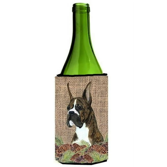 Brindle Boxer on Faux Burlap with Pine Cones Wine bottle sleeve Hugger 24 oz.