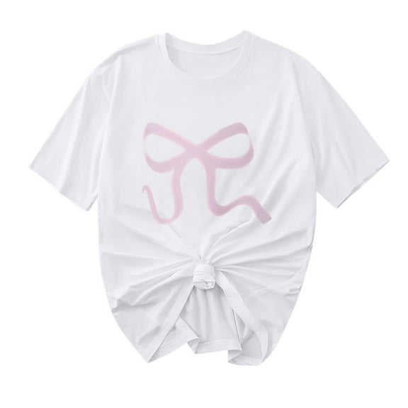 yillto Womens Tshirts Short Sleeve Bow Printed Round Neck 2025 Summer Trendy Tee Tops for Valentine's