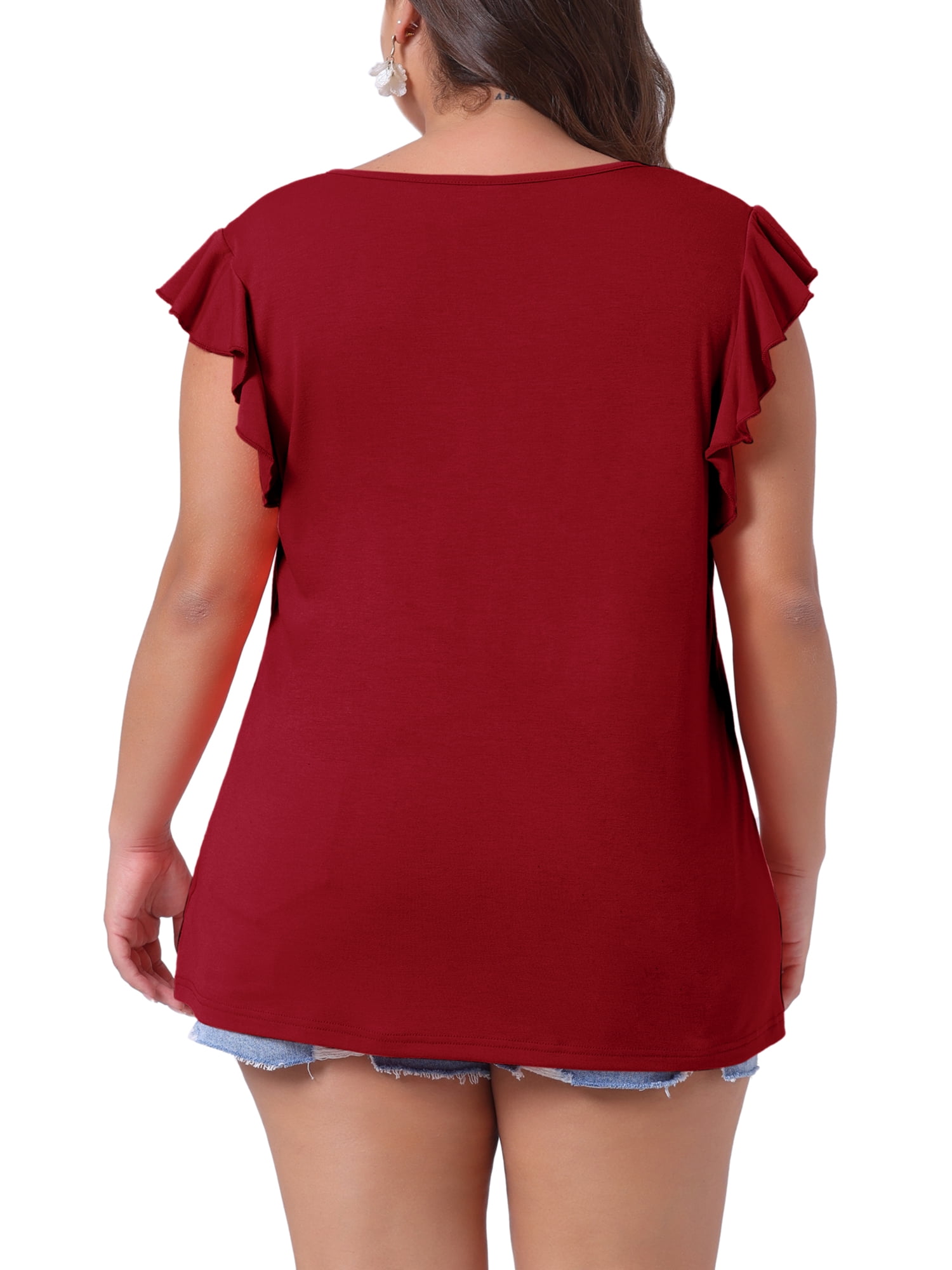 DARING DIVA Women's Plus Casual V Neck Ruffle Casual Top Blouse Tank Tops 4X Wine Red