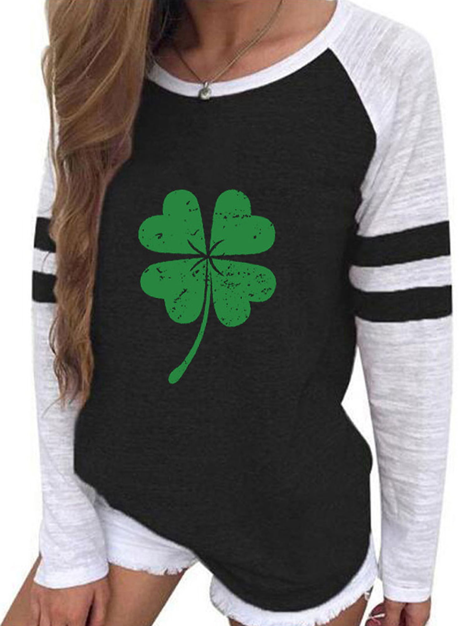 St Patrick's Day Shirts for Women Crewneck Sweatshirts Splice Long Sleeve Blouse Clover Gnome Graphic Tees Irish Girls 