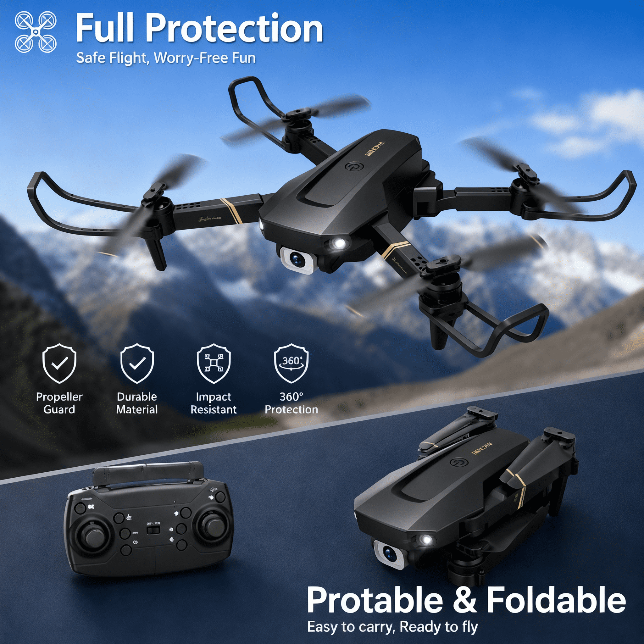 Foldable RC Drone with 1080P Camera for Adults Beginners & Kids, FPV Quadcopter Toy Gift, 2 Batteries & Carrying Case, One‑Key Start, Headless Mode, Waypoint Flight, 360° Flips