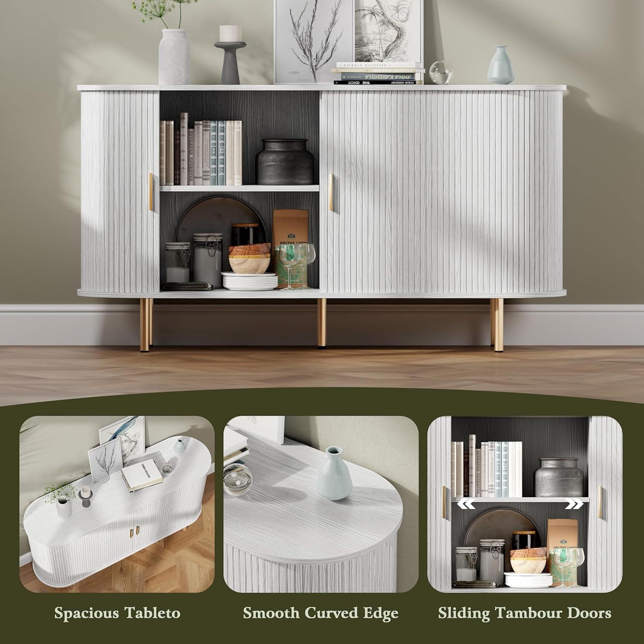 Aisword Sideboard Buffet Cabinet with Storage,Mid Century Modern Fluted Accent Coffee Bar Console Table,Tambour Sliding Doors& Adjustable Shelf for Kitchen, Living Room, Entryway, 55 Inch White